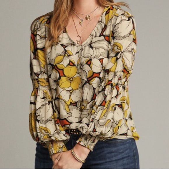 Cabi Nwot Floral Print V-Neck Bishop Sleeve Blouse M